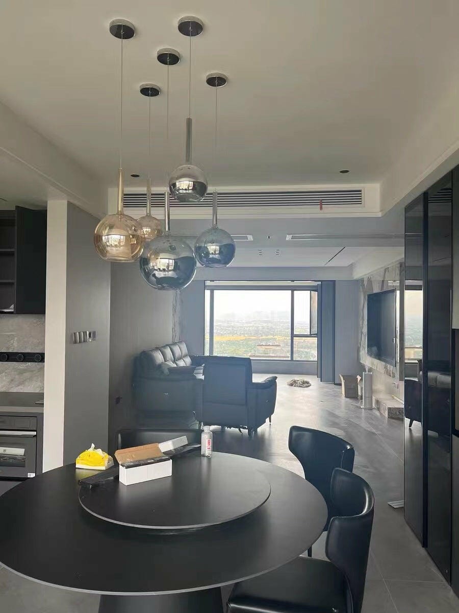 Customer photo review of Glo Pendant Light, Tinted Blown Glass Globe, G4 LED, Dimmable