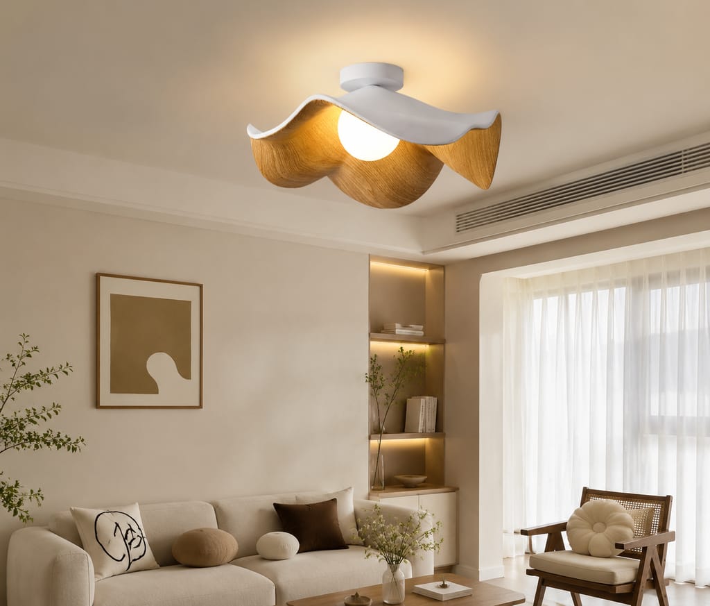 Customer photo review of Flush Mount Ceiling Light, Wood-Grain Leaf Shade, White, G9, Lotus