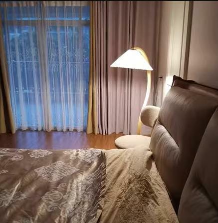 Customer photo review of Floor Lamp, Caprani Beechwood & Linen Shade, E26/E27, Plug-In