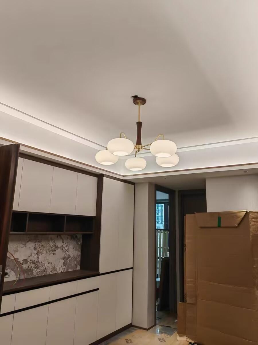 Customer photo review of Chandelier, Persimmon Brass & Wood, White Glass Shades, E26/E27