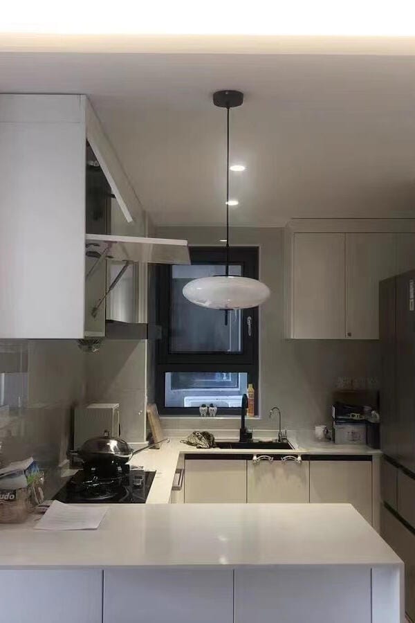 Customer photo review of Opal Disc Pendant Light, Opalescent Shade, Black or White, E26/E27