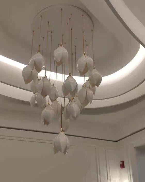 Customer photo review of Pendant Light, Ceramic Flower Shades, Brass & White, G9 LED