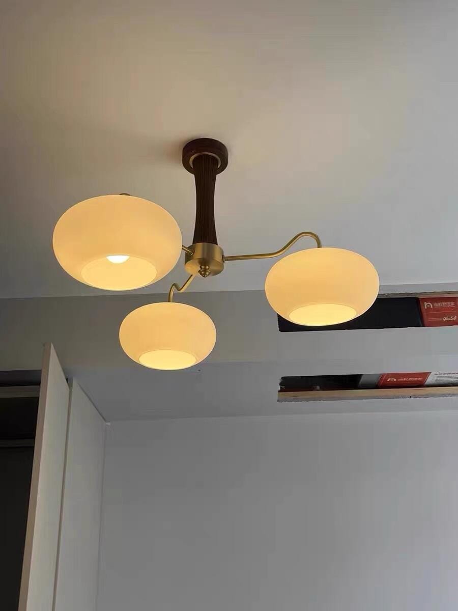 Customer photo review of Chandelier, Persimmon Brass & Wood, White Glass Shades, E26/E27