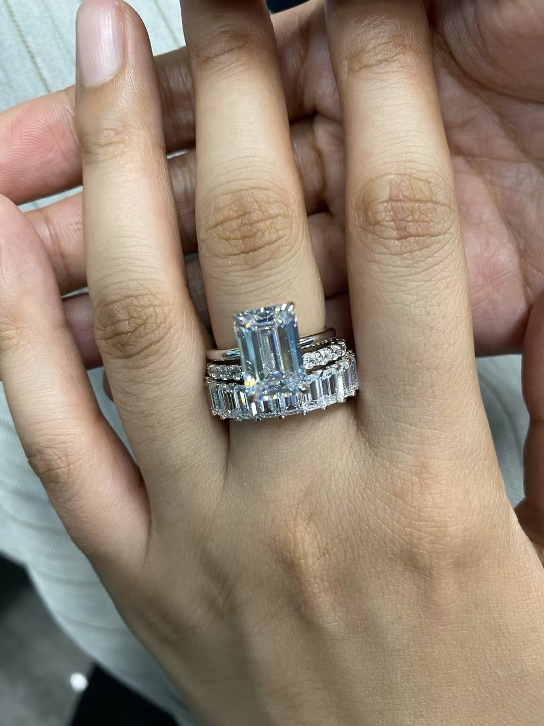 Customer photo review of S925 3PC 5.0Ct Solitaire Emerald Ring With Eternity Emerald Cut& Open Wedding Band Stament Ring Sets