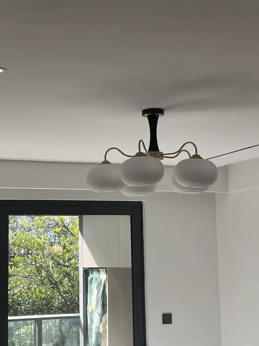 Customer photo review of Chandelier, Persimmon Brass & Wood, White Glass Shades, E26/E27