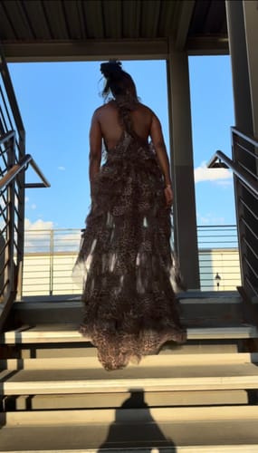 Reviewer's chiffon print asymmetric ruffle dress from behind, showing the high-low hemline and flowing train on stairs.