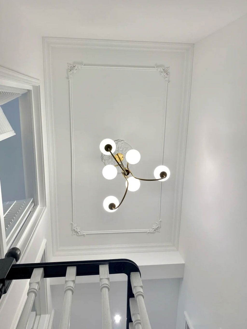 Customer photo review of Gooseneck Chandelier, Wrought Iron, White Glass Globes, E14