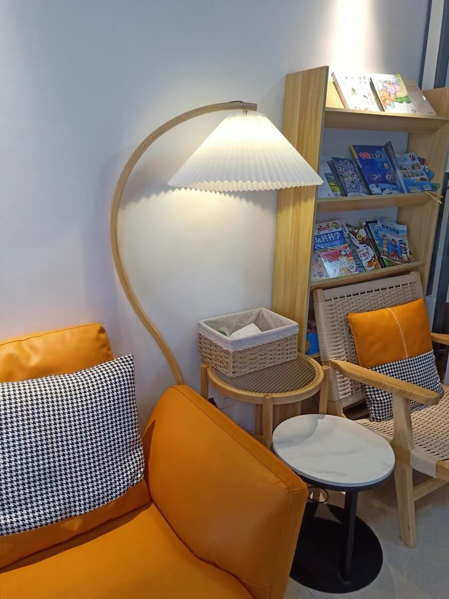 Customer photo review of Floor Lamp, Caprani Beechwood & Linen Shade, E26/E27, Plug-In