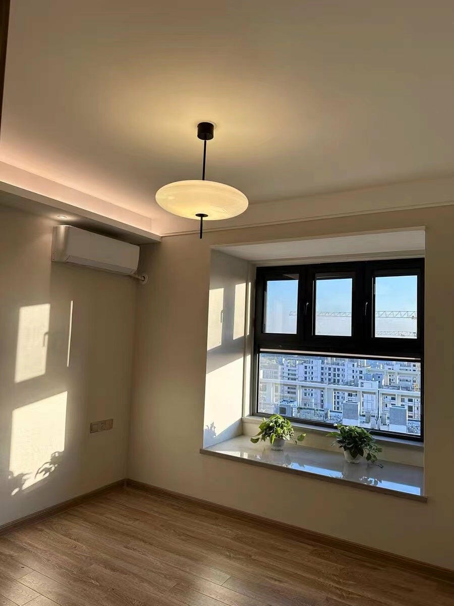 Customer photo review of Opal Disc Pendant Light, Opalescent Shade, Black or White, E26/E27