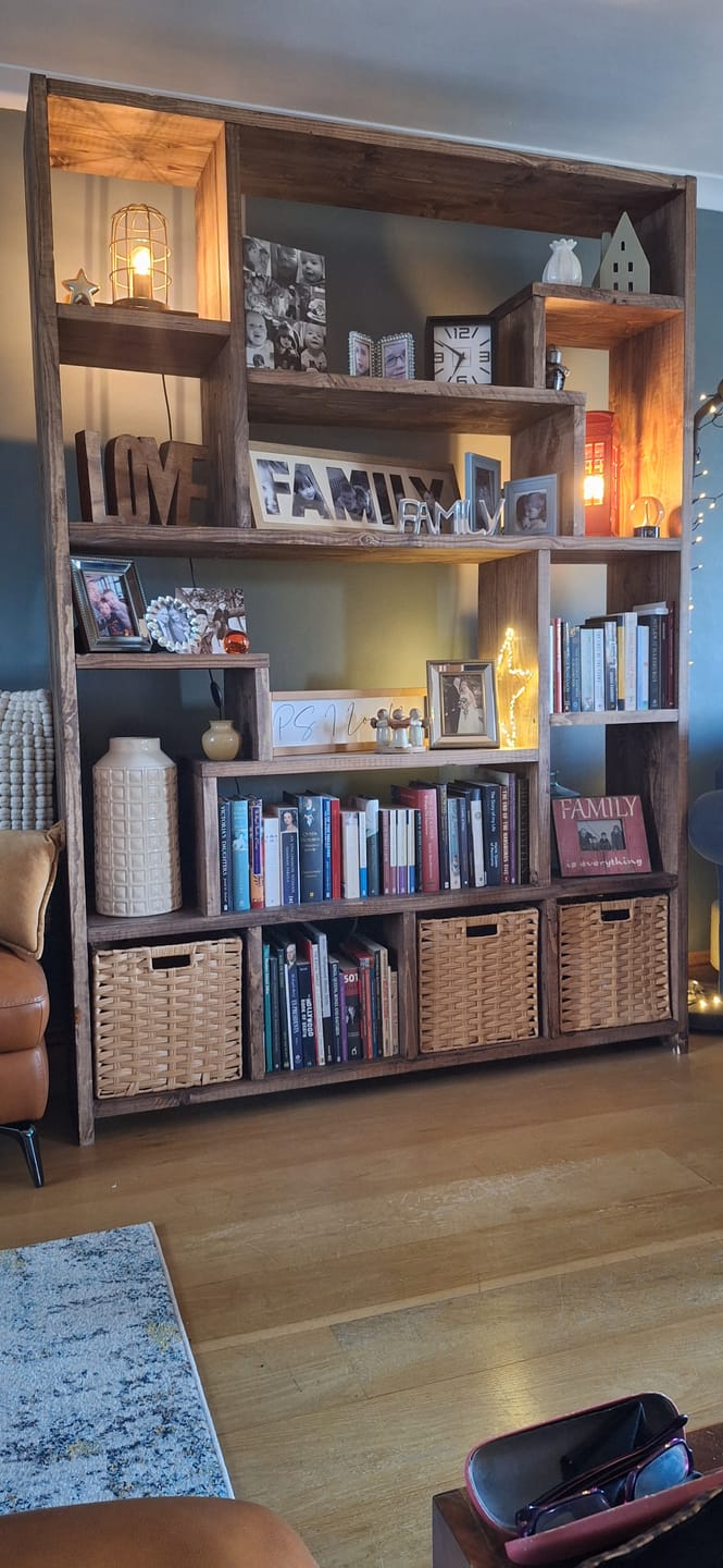 Customer photo review of Reclaimed Wood Bookcase with 4 Compartments - Rustic Shelving Unit | Scaffold Timber Furniture | Baskets