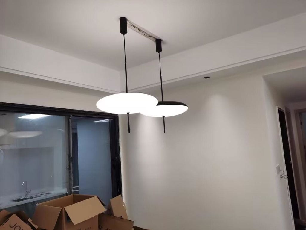 Customer photo review of Opal Disc Pendant Light, Opalescent Shade, Black or White, E26/E27