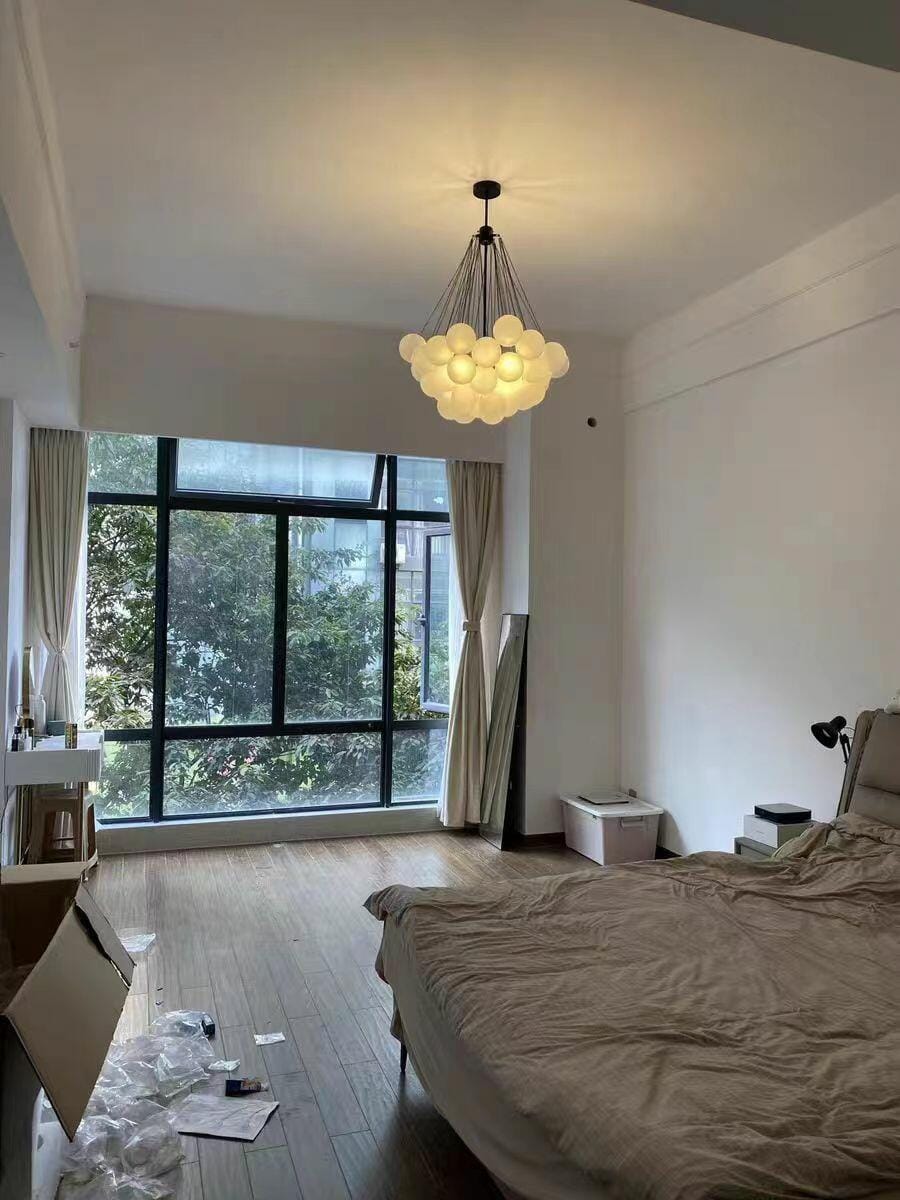 Customer photo review of Bubble Chandelier, Hand-Frosted Glass Globes, Gold or Black, E27