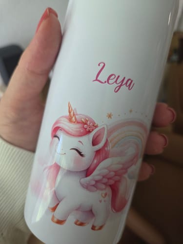 Customer's Personalized Pegasus Water Bottle with the name Leya printed in pink script.
