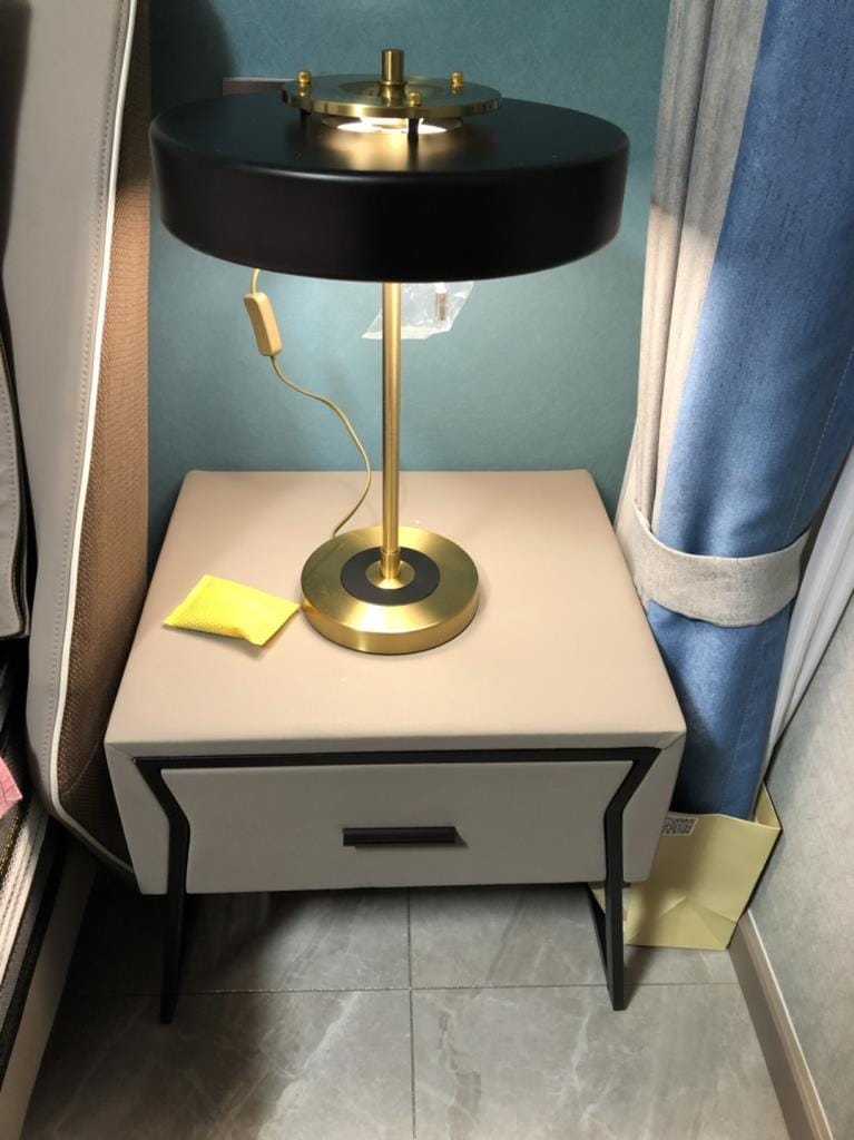 Customer photo review of Revolve Table Lamp, Spun Metal Shade, Opal Diffuser, Iron Base, G9
