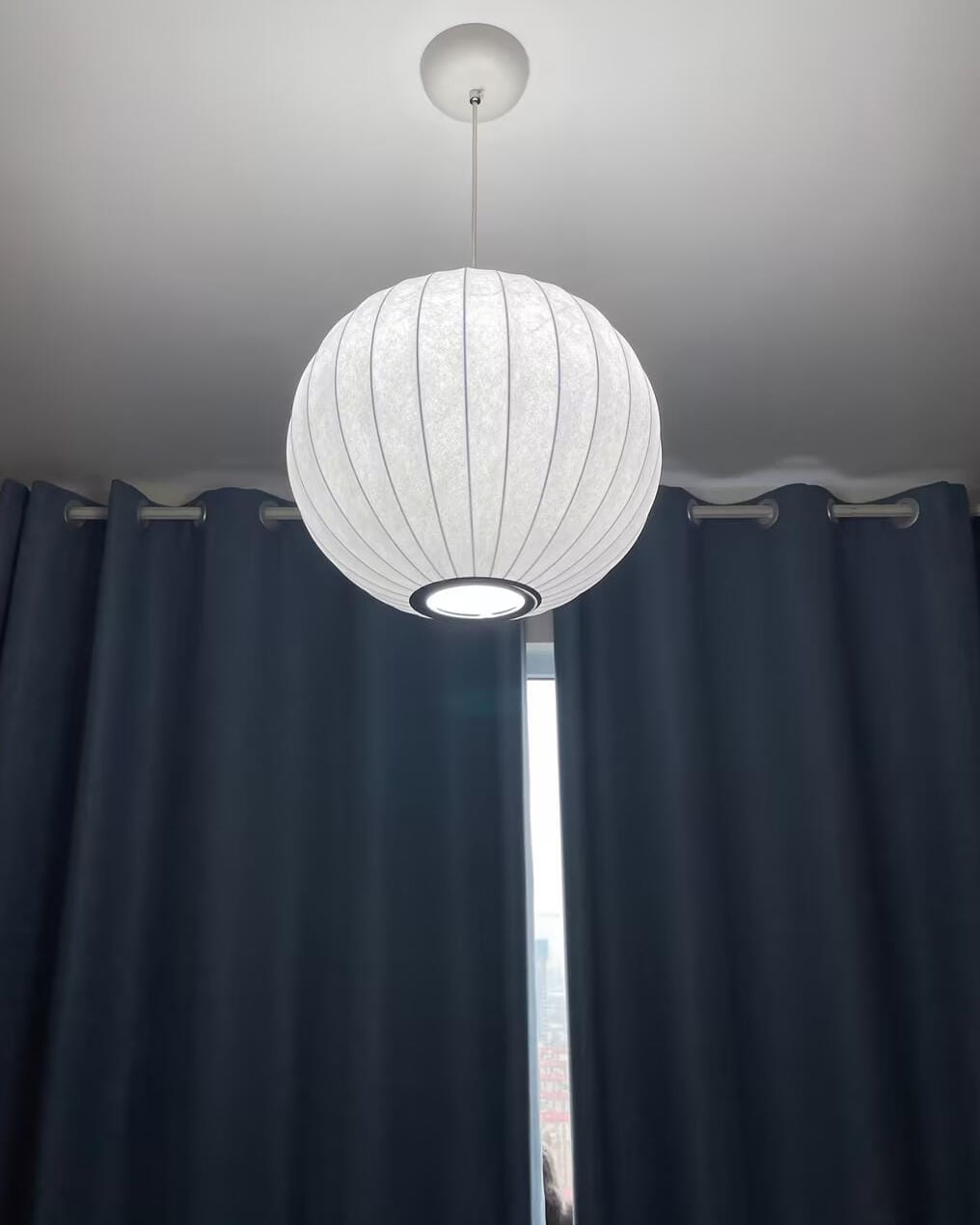 Customer photo review of Pendant Light, Crisscross Bubble, Mulberry Silk, Steel Wireframe, E26