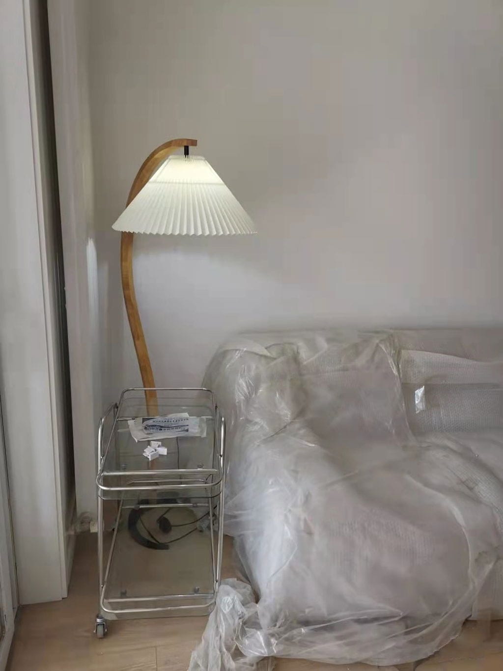 Customer photo review of Floor Lamp, Caprani Beechwood & Linen Shade, E26/E27, Plug-In