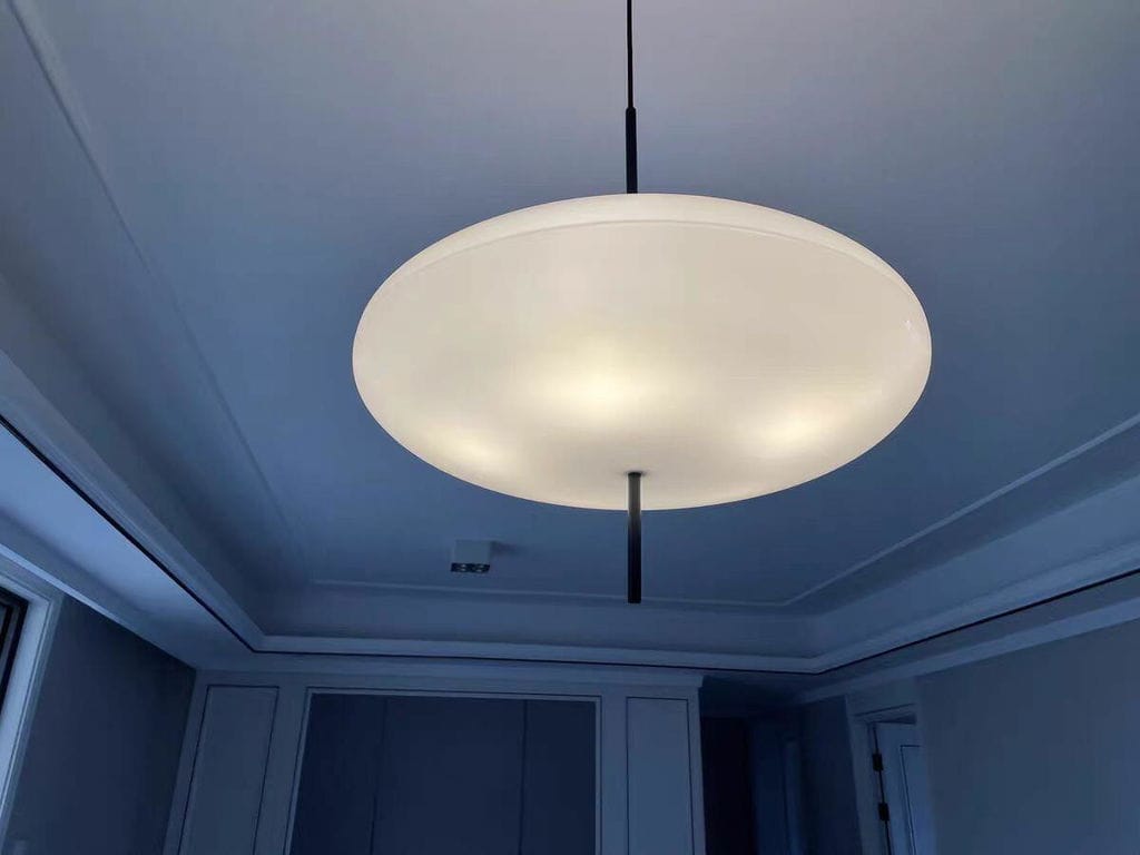 Customer photo review of Opal Disc Pendant Light, Opalescent Shade, Black or White, E26/E27
