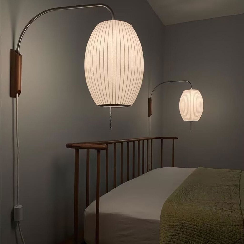 Customer photo review of Wall Sconce, White Polymer Shade, Walnut & Chrome, Swivel Plug-In E26