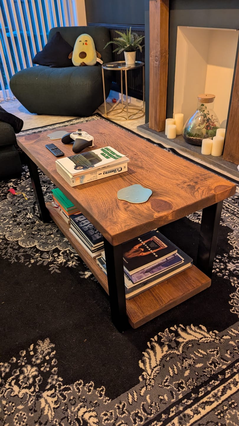 Customer photo review of Rustic Wooden Coffee Table with Shelf
