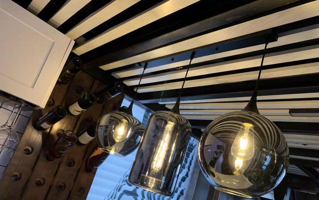 Customer photo review of Bottle Pendant Light, Hand-Blown Smoke Gray Glass, Black, E27