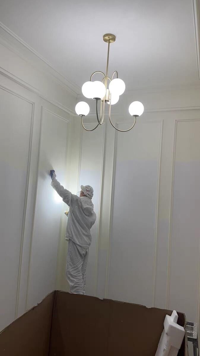 Customer photo review of Gooseneck Chandelier, Wrought Iron, White Glass Globes, E14
