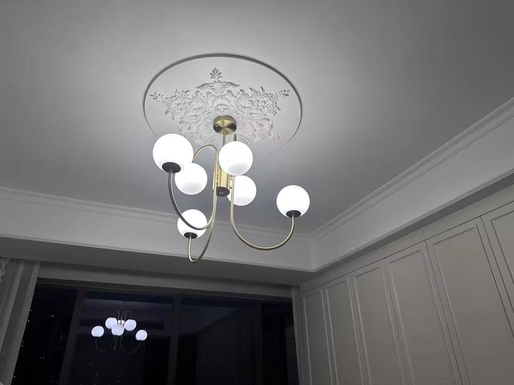 Customer photo review of Gooseneck Chandelier, Wrought Iron, White Glass Globes, E14