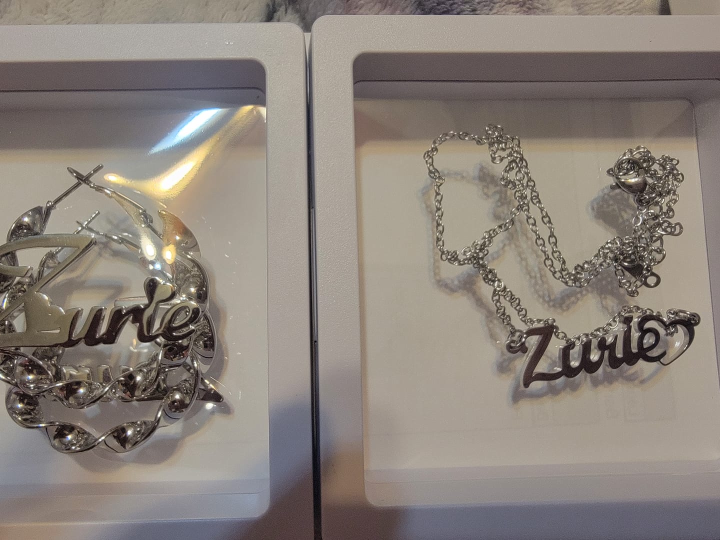 Customer photo review of Name Twirl Hoop Earrings