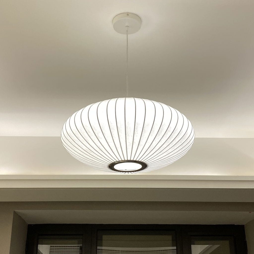 Customer photo review of Pendant Light, Crisscross Bubble, Mulberry Silk, Steel Wireframe, E26