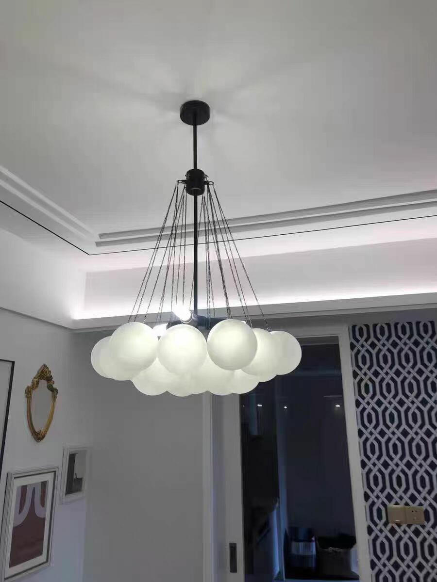 Customer photo review of Bubble Chandelier, Hand-Frosted Glass Globes, Gold or Black, E27
