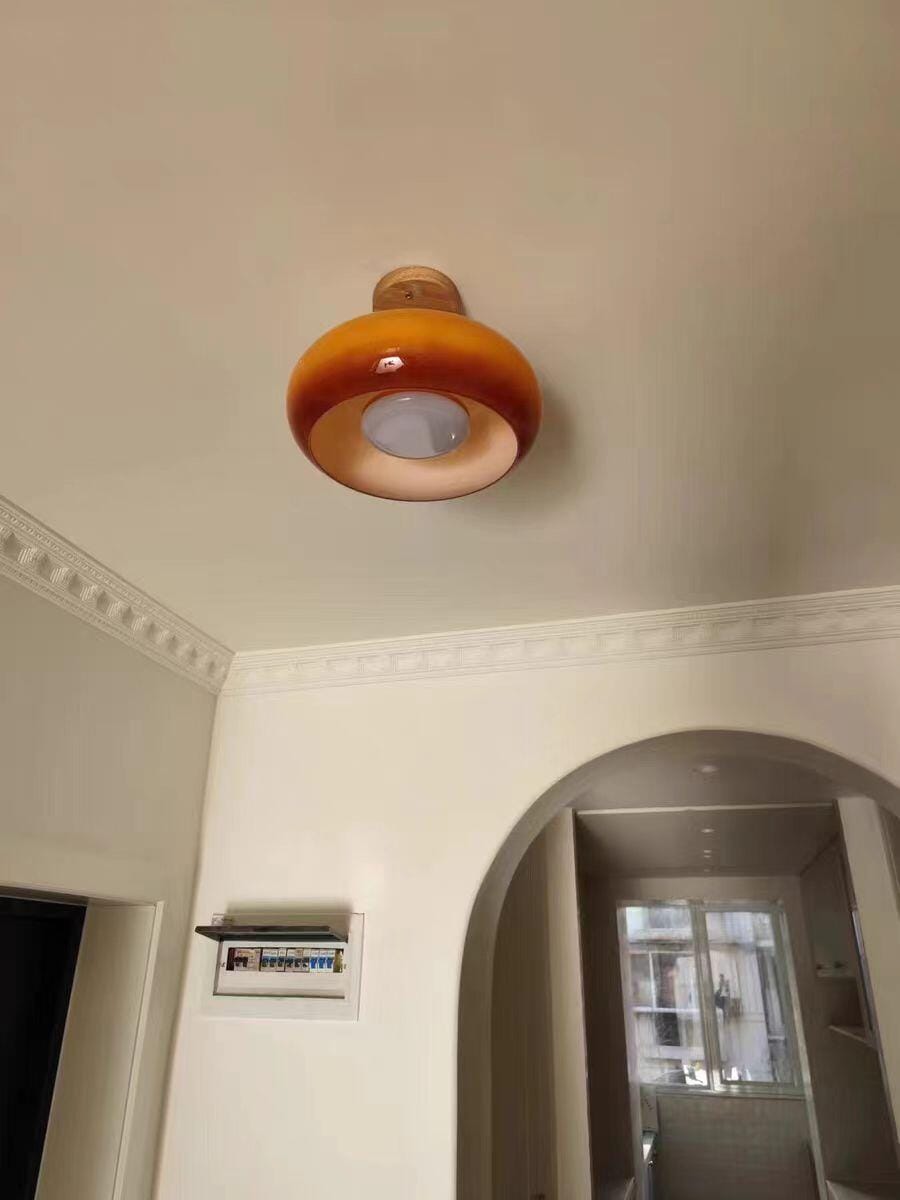 Customer photo review of Ceiling Light Plafonnier, Bauhaus Glass Disc, Natural Wood Frame, E27