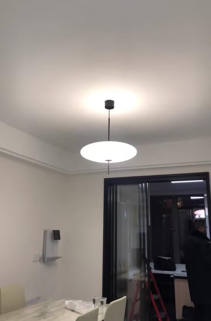 Customer photo review of Opal Disc Pendant Light, Opalescent Shade, Black or White, E26/E27