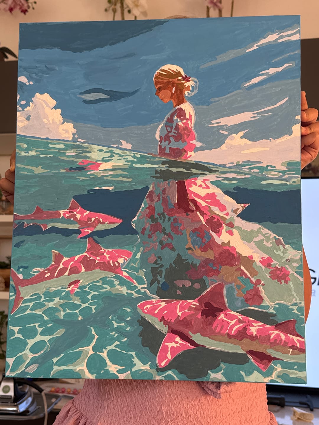 Customer photo review of Pink Sharks | Paint by Number