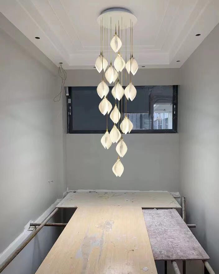 Customer photo review of Pendant Light, Ceramic Flower Shades, Brass & White, G9 LED
