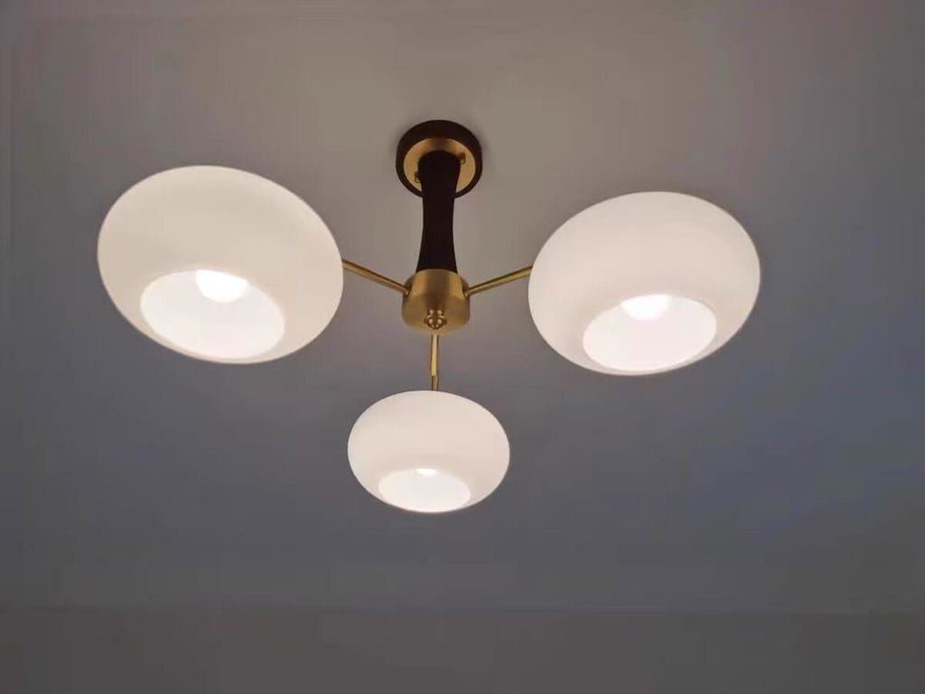 Customer photo review of Chandelier, Persimmon Brass & Wood, White Glass Shades, E26/E27