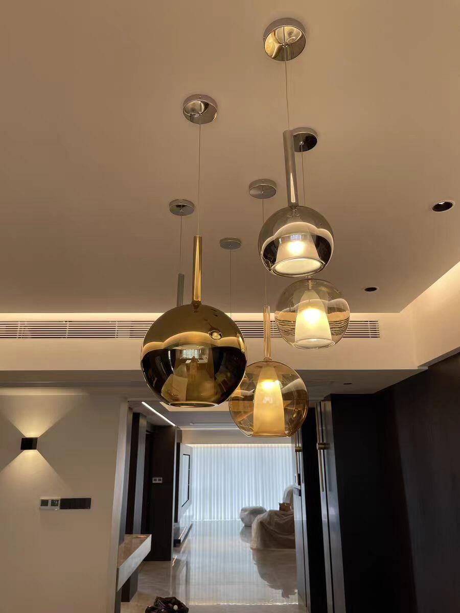 Customer photo review of Glo Pendant Light, Tinted Blown Glass Globe, G4 LED, Dimmable