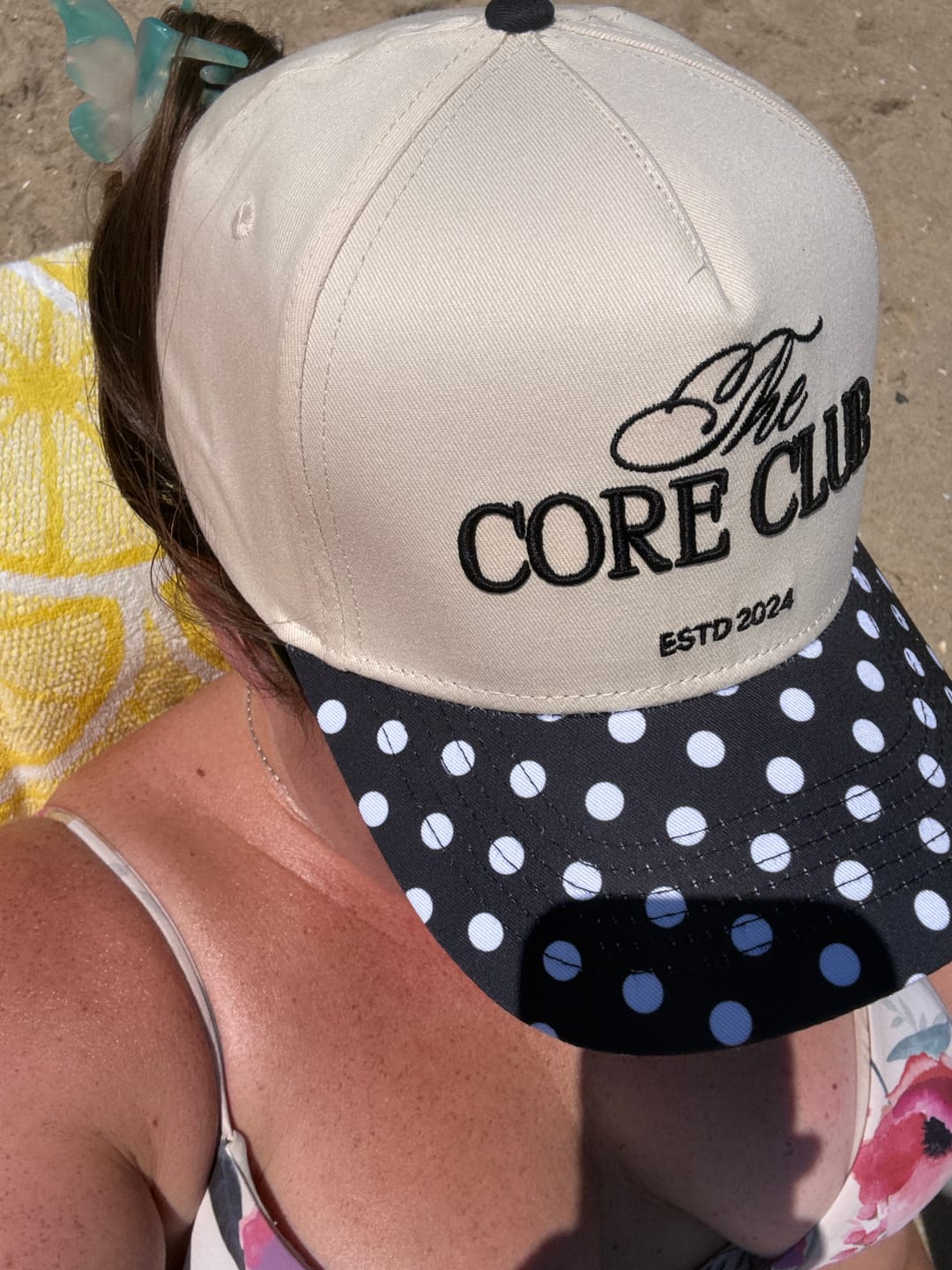 Customer photo review of TCC Black & White Polka Dot Print Baseball Hat | Pilates Outfit Accessory