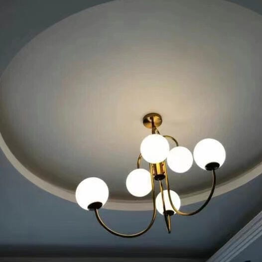 Customer photo review of Gooseneck Chandelier, Wrought Iron, White Glass Globes, E14