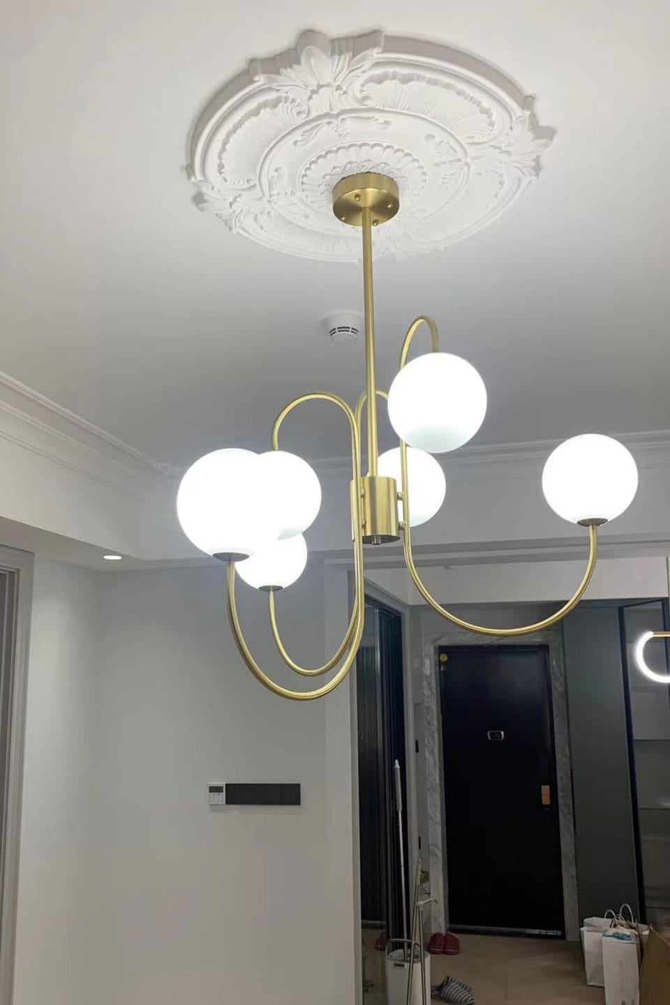 Customer photo review of Gooseneck Chandelier, Wrought Iron, White Glass Globes, E14