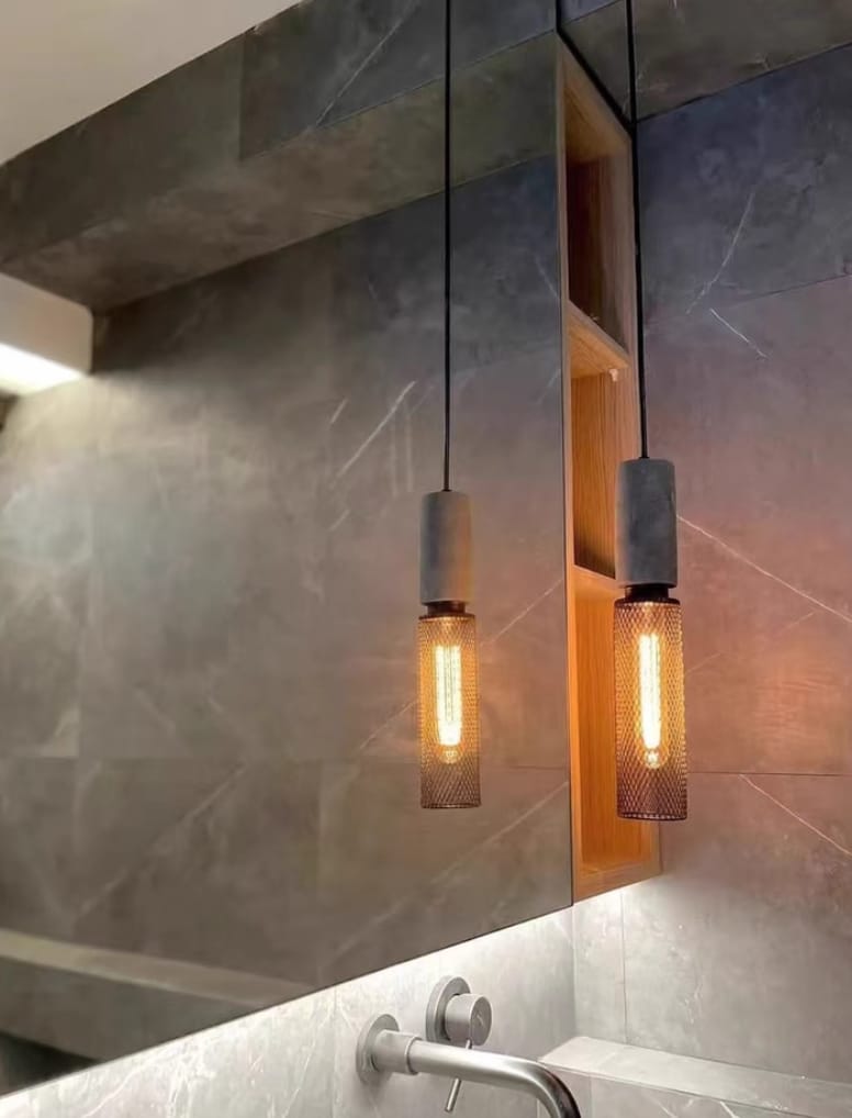 Customer photo review of Cement Mesh Pendant Light, Raw Cement Top, Black Wire Cage, E26/E27