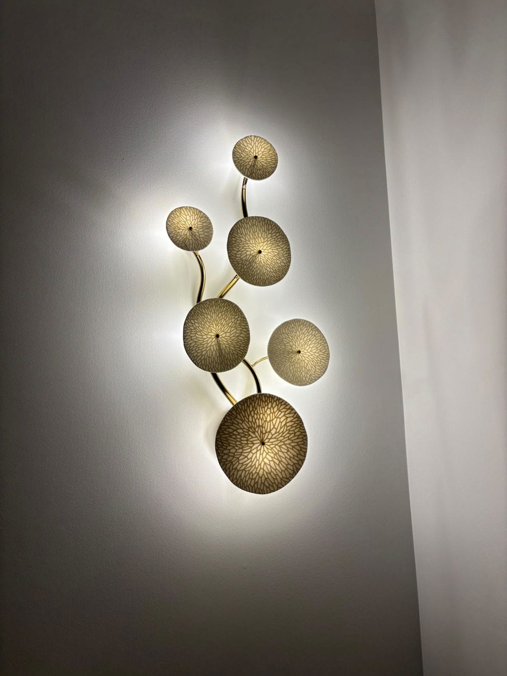 Customer photo review of Wall Sconce, White Ceramic Lotus Petals, Gold Spine, G4 Hardwired