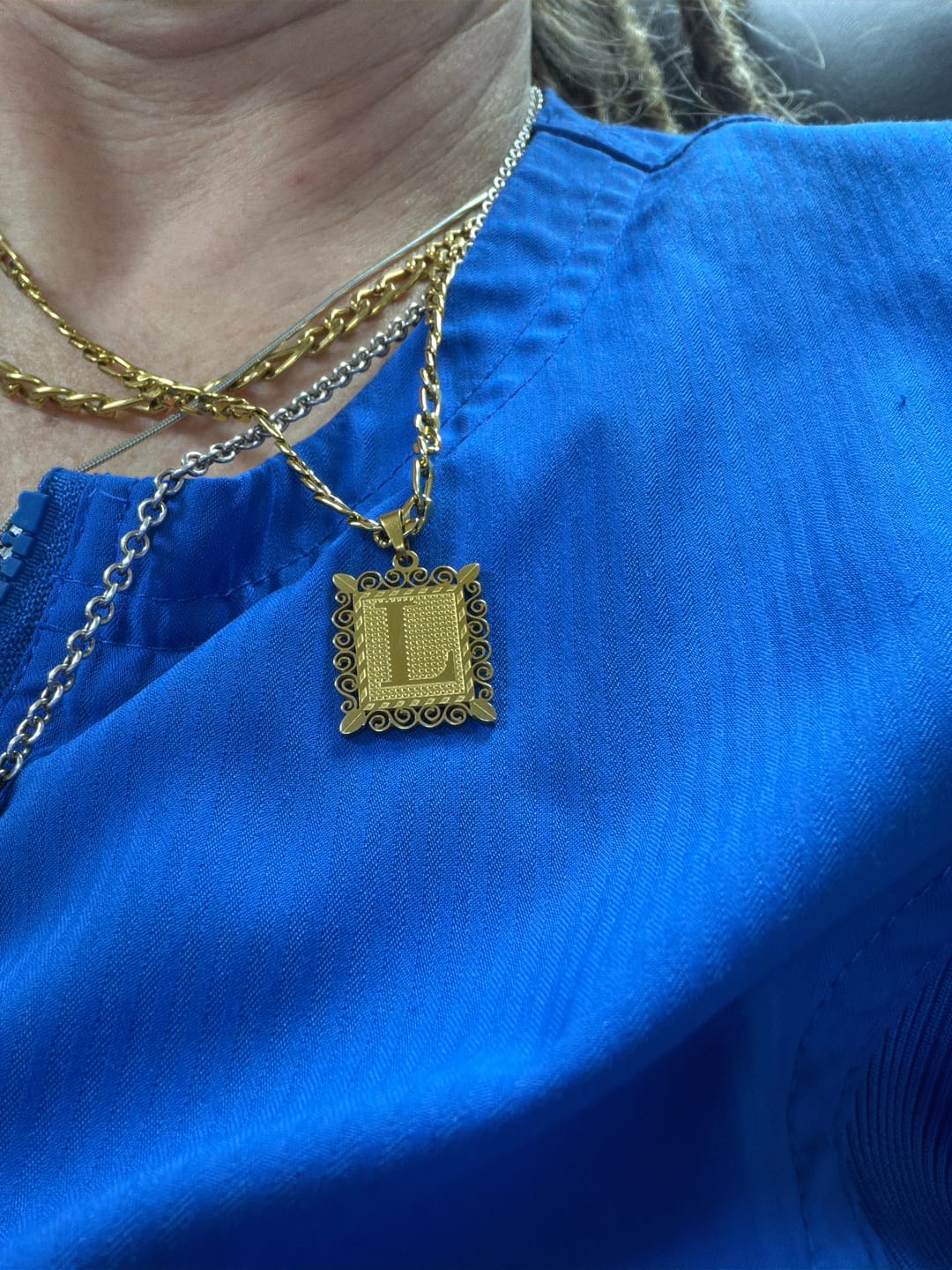 Customer photo review of Embossed Initial Necklace w/ Figaro Chain