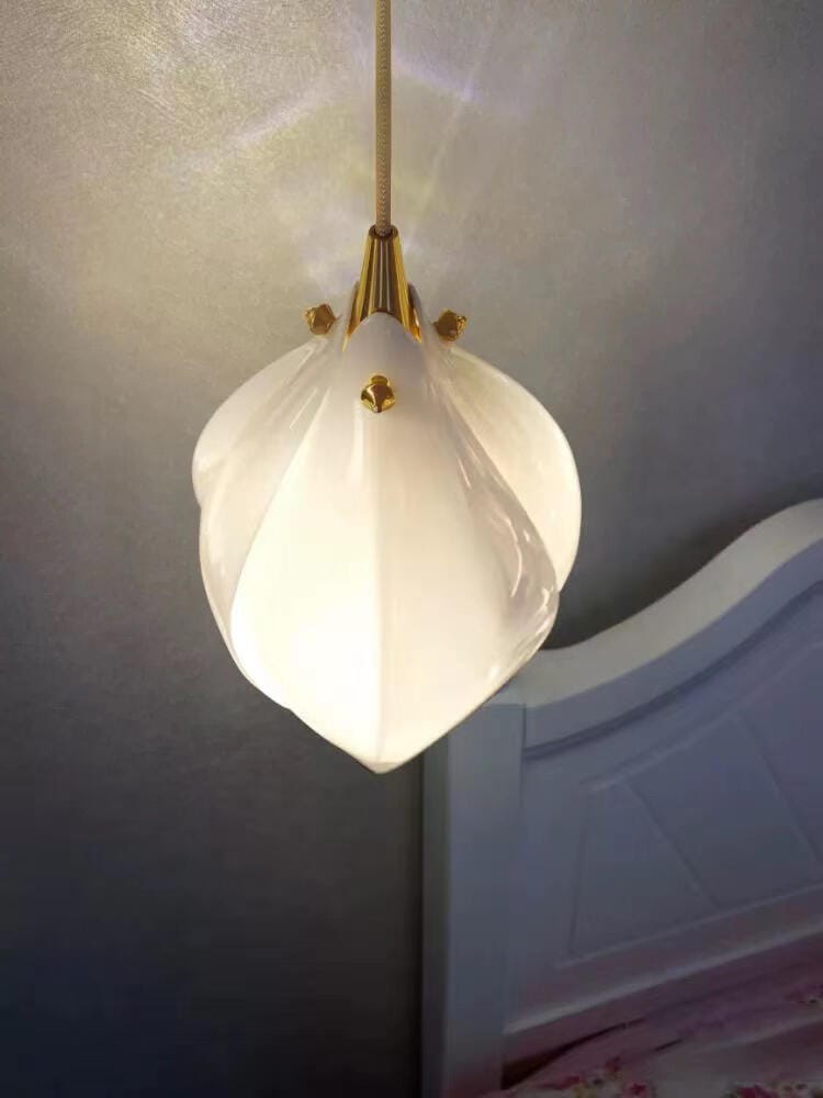 Customer photo review of Pendant Light, Ceramic Flower Shades, Brass & White, G9 LED
