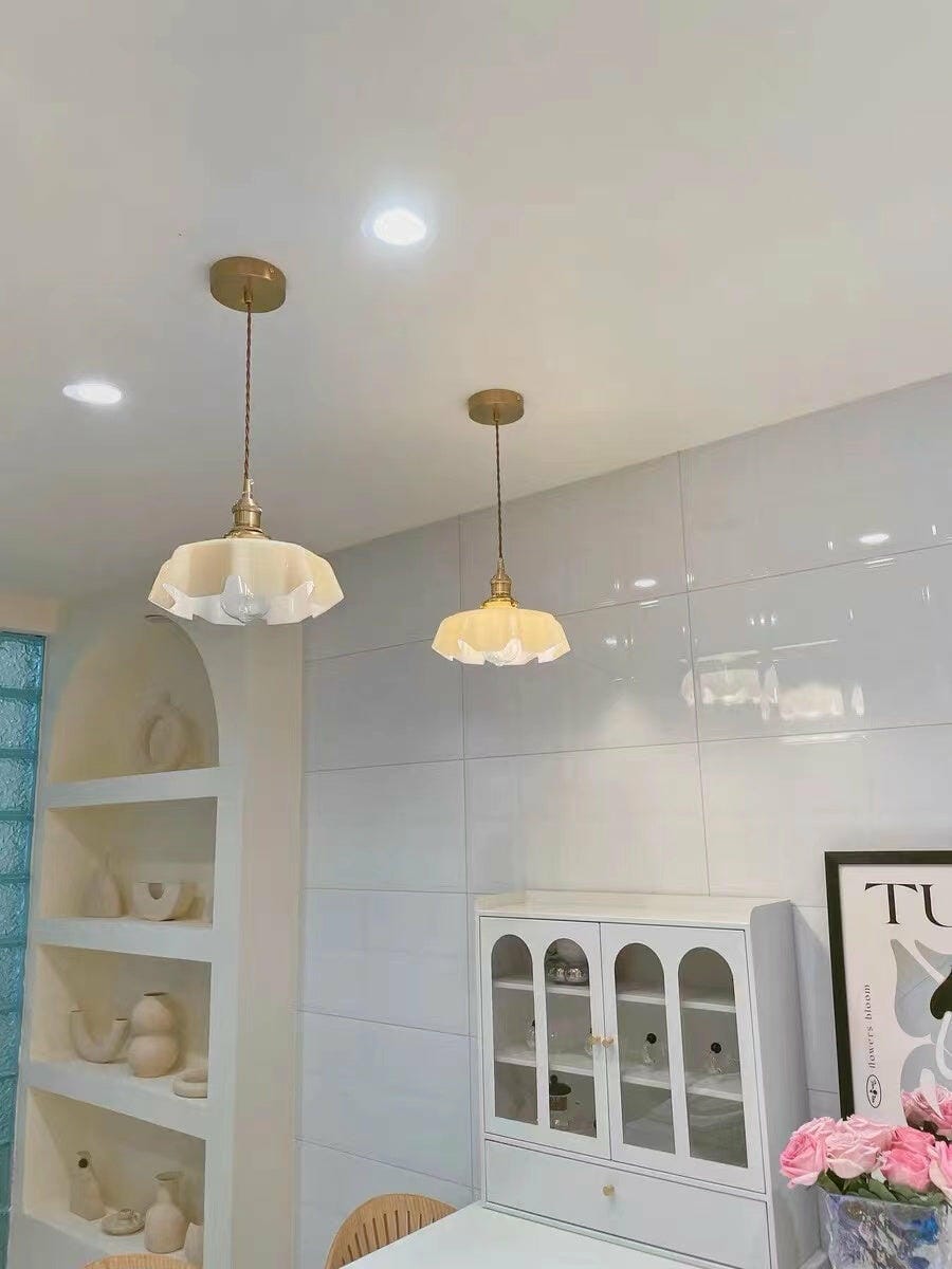 Customer photo review of French Flower Pendant Light, Pleated Glass Shade, Brass, E27