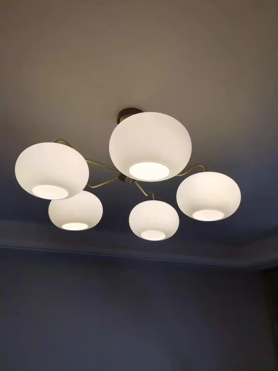 Customer photo review of Chandelier, Persimmon Brass & Wood, White Glass Shades, E26/E27