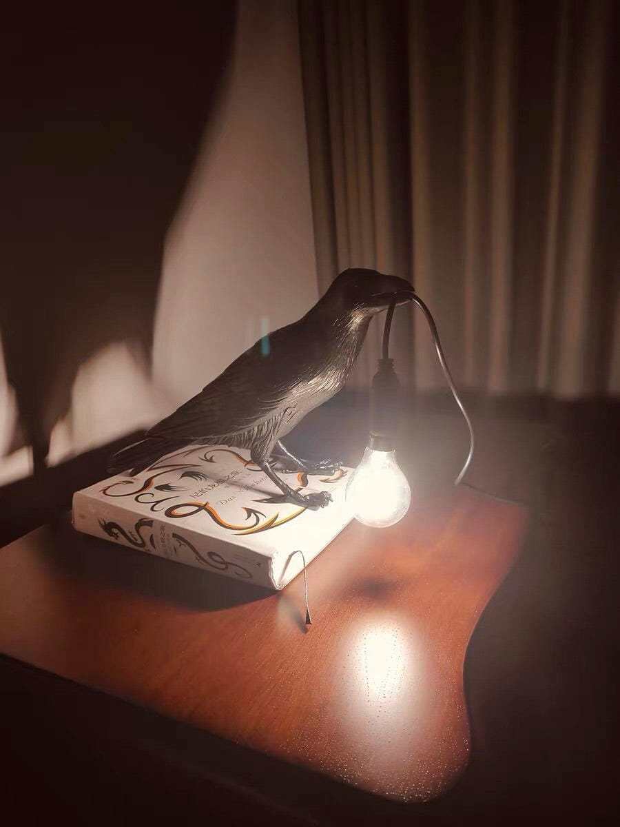 Customer photo review of Table Lamp, Raven Resin Sculpture, E14 Edison Bulb, White or Black
