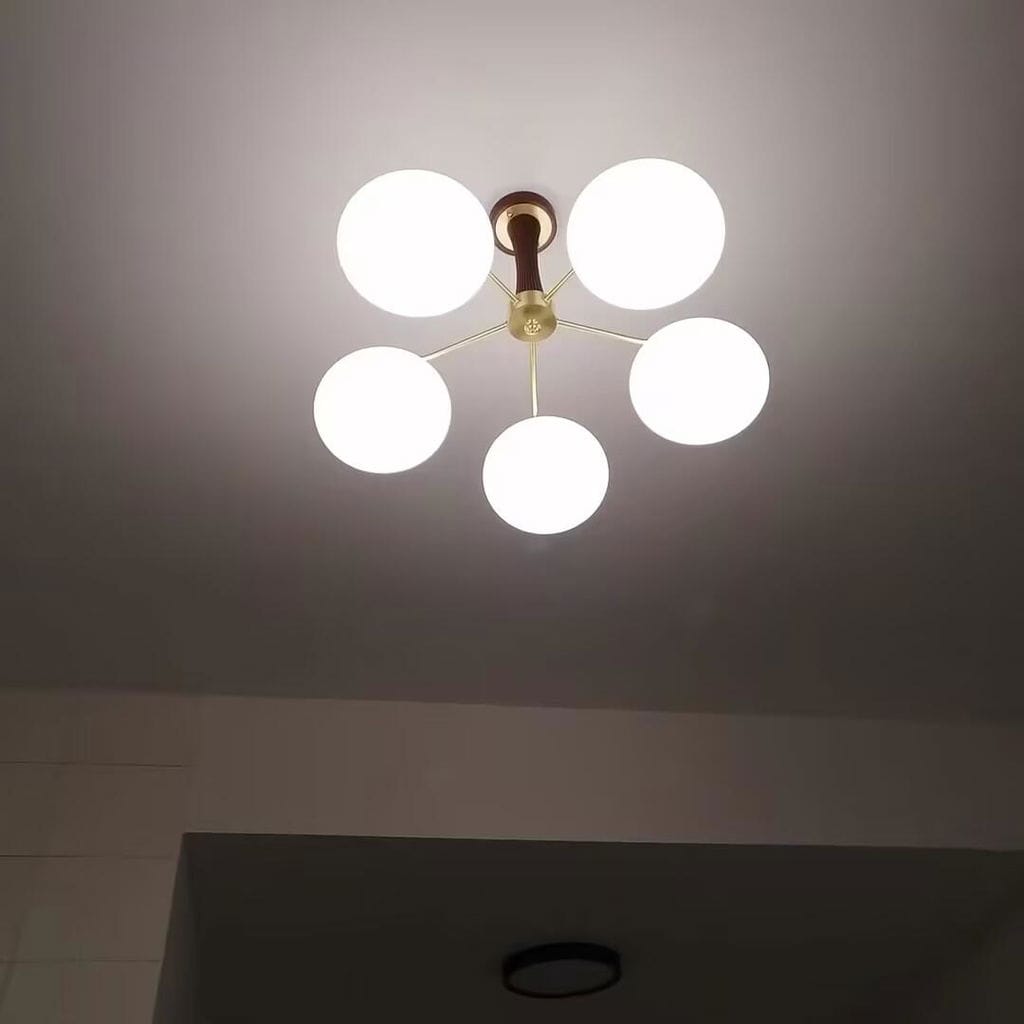 Customer photo review of Chandelier, Persimmon Brass & Wood, White Glass Shades, E26/E27