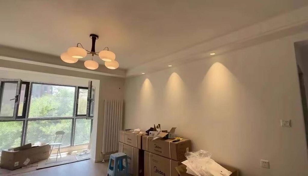 Customer photo review of Chandelier, Persimmon Brass & Wood, White Glass Shades, E26/E27
