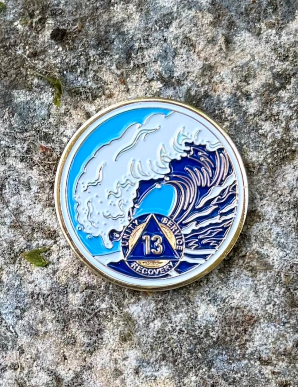 Customer photo review of 13 Year Sobriety Mint Crashing Wave Gold Plated AA Recovery Medallion - Thirteen Year Chip/Coin - Blue/White