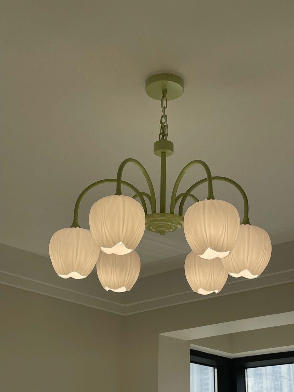 Customer photo review of Tulip Chandelier, White Glass Tulip Shades, Matcha Green Frame, E26