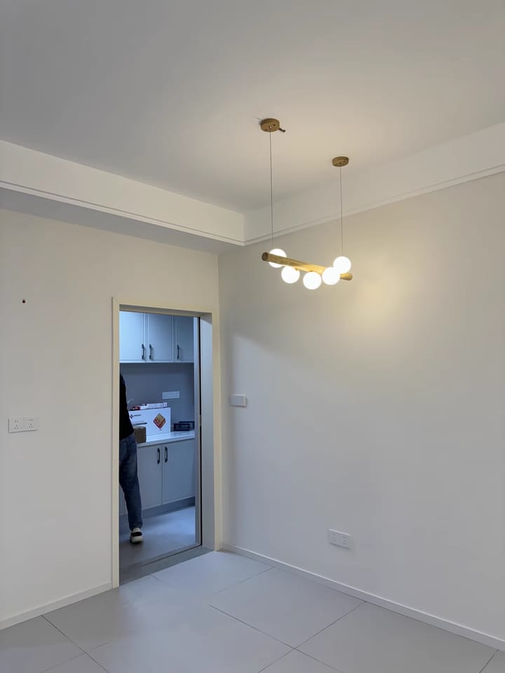 Customer photo review of Linear Wood Pendant Light, Walnut Bar, Opal Glass Globes, G9